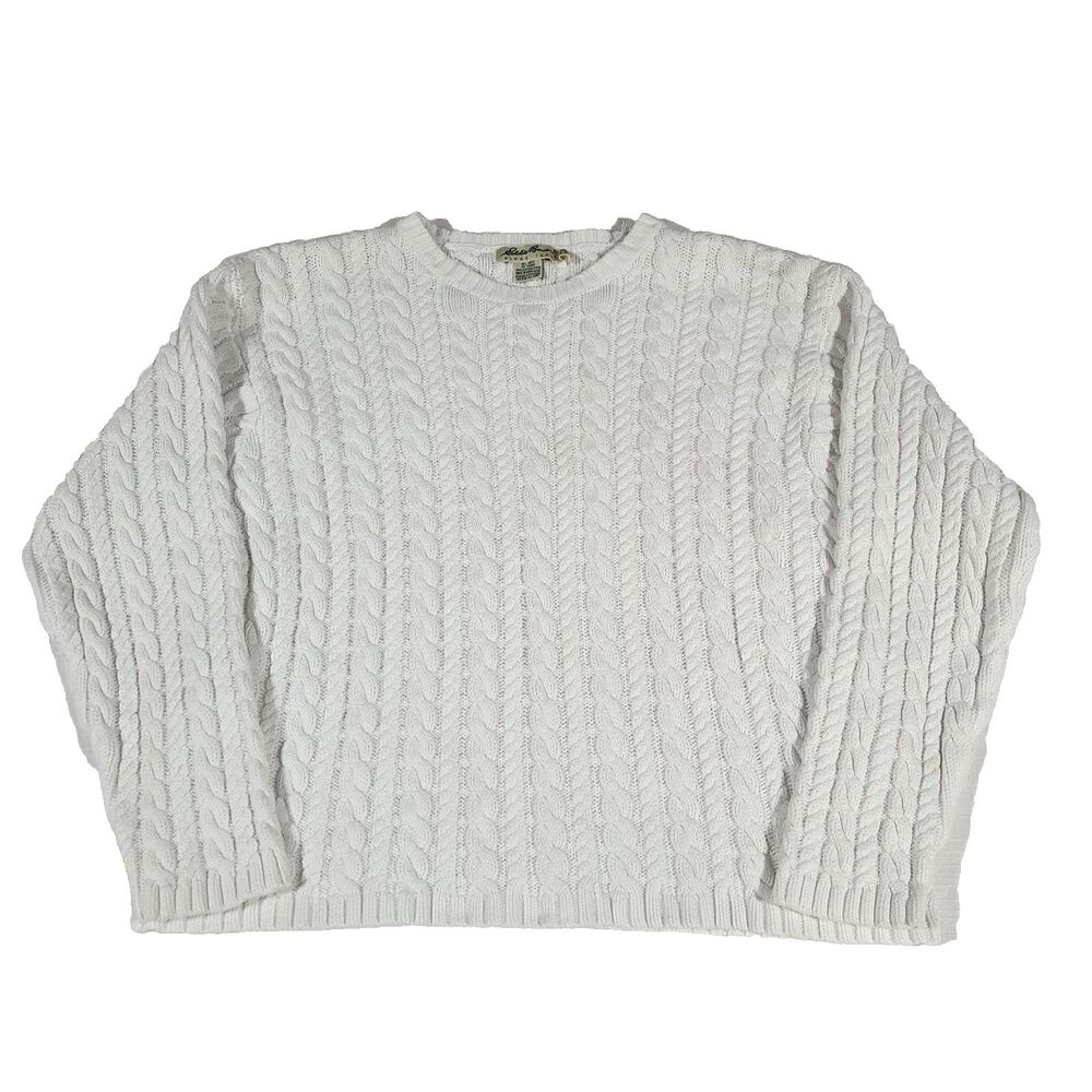 Vtg Y2K Cable Knit Sweater Eddie Bauer L white preppy cotton nautical cottage